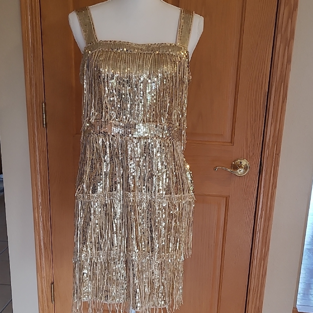 Red Dot Boutique Gold Sequinned Fring Dress Large NWT